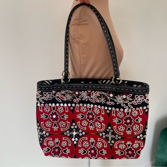 Isabella Fiore Beaded Sequined Paisley Cloth Leather Trim Black Red Shoulder Bag - Picture 3 of 12
